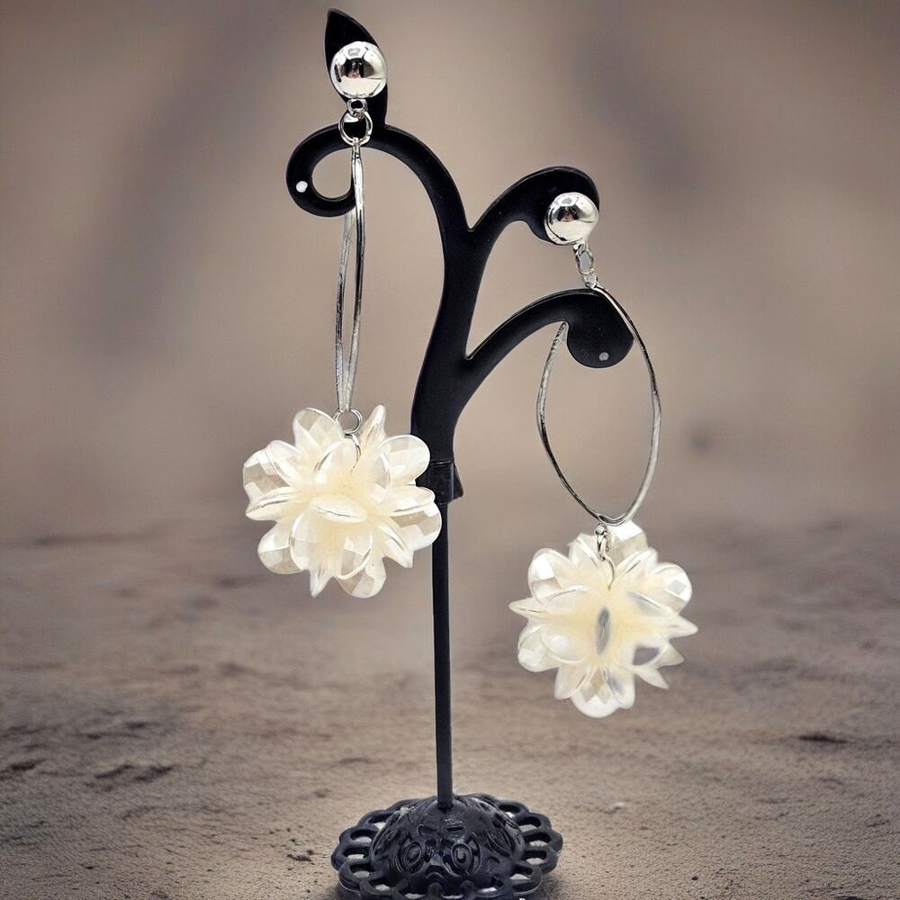 White Floral Hoop Dangle Earrings Romantic Bead Cluster